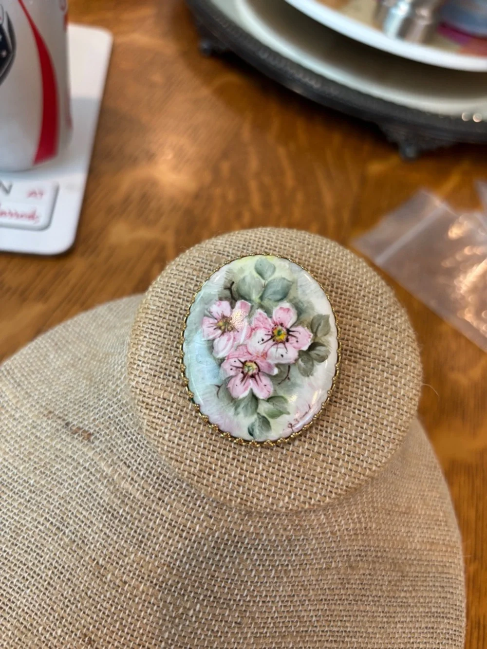 Vintage Pink Floral Hand-Painted Porcelain Brooch with Gold Trim